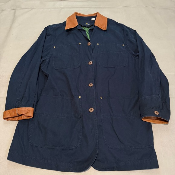 Lizsport Jackets & Blazers - VTG 90s‎  Navy Barn Field Jacket Chore Leather Trim Collar Y2K Women-M-6130